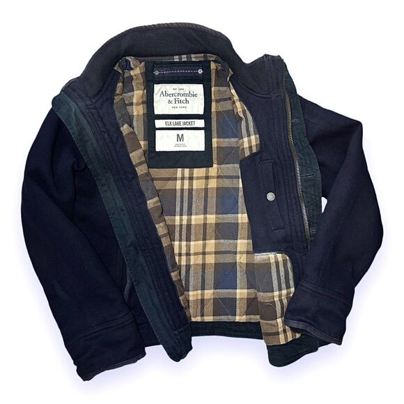 VTG Y2K Abercrombie & Fitch Elk Lake Jacket M Navy Wool Plaid Lined Field Coat - Picture 1 of 11